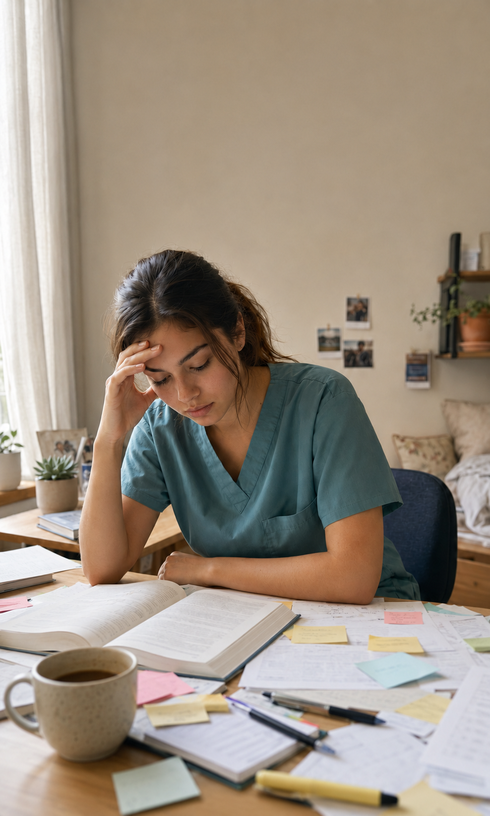 Nursing student sitting at a desk covered in loose papers, sticky notes and an open textbook, resting her head on her hand