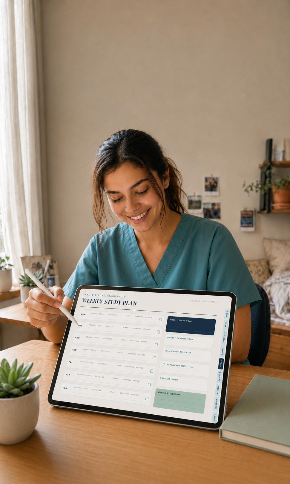 Nursing student smiling at a clear desk, holding a stylus over a tablet showing the planner's weekly study plan page