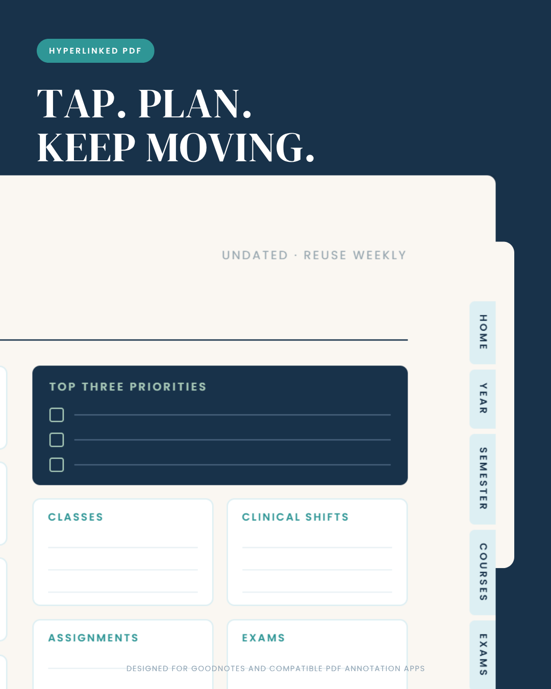 Weekly planner page showing the hyperlinked section tabs running down the edge: Home, Year, Semester, Courses and Exams