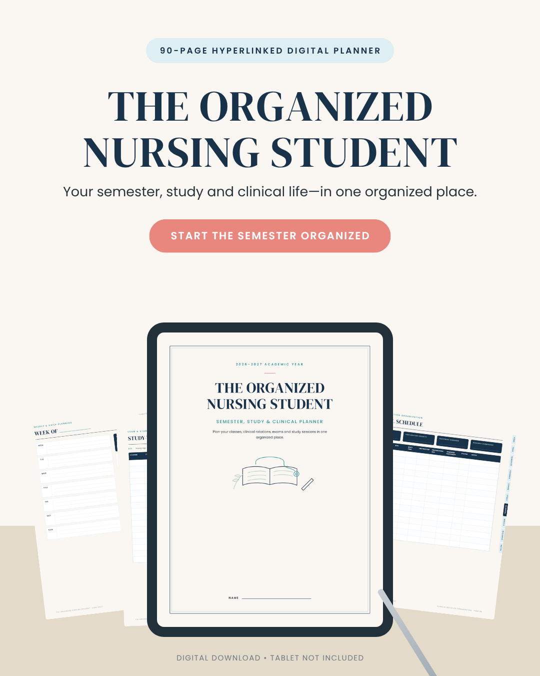 Tablet showing The Organized Nursing Student planner cover, with real weekly, study and schedule planner pages arranged behind it
