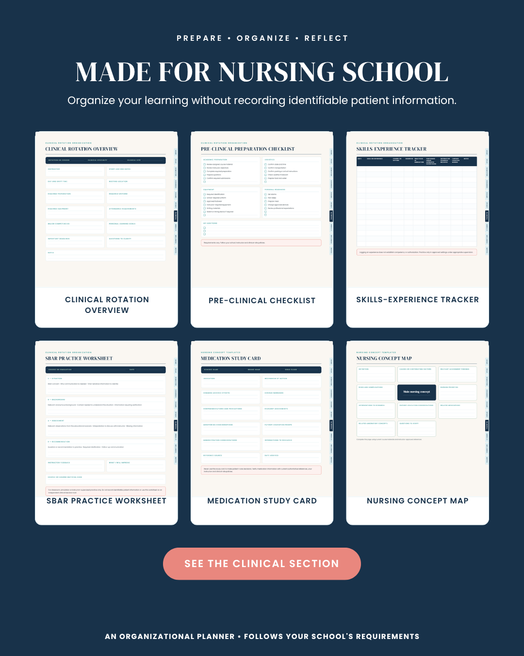 Clinical rotation overview, pre-clinical checklist, skills-experience tracker, SBAR practice worksheet, medication study card and nursing concept map