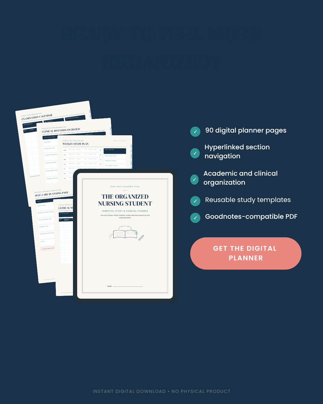 The Organized Nursing Student planner shown with several real planner pages and a summary of what is included