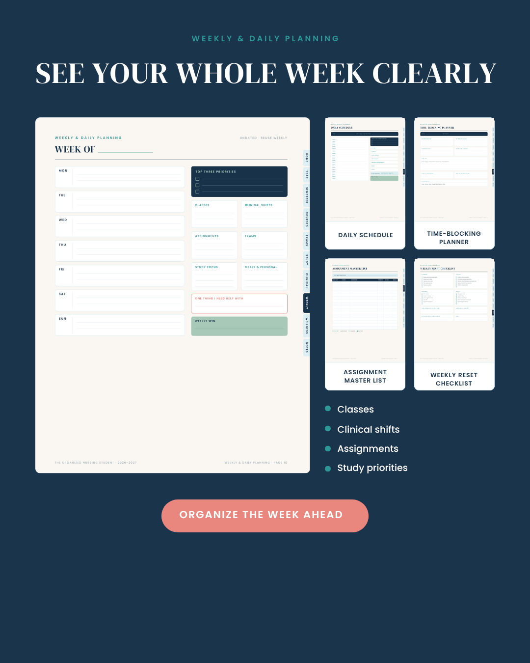 Weekly planning spread with daily schedule, time-blocking planner, assignment master list and weekly reset checklist