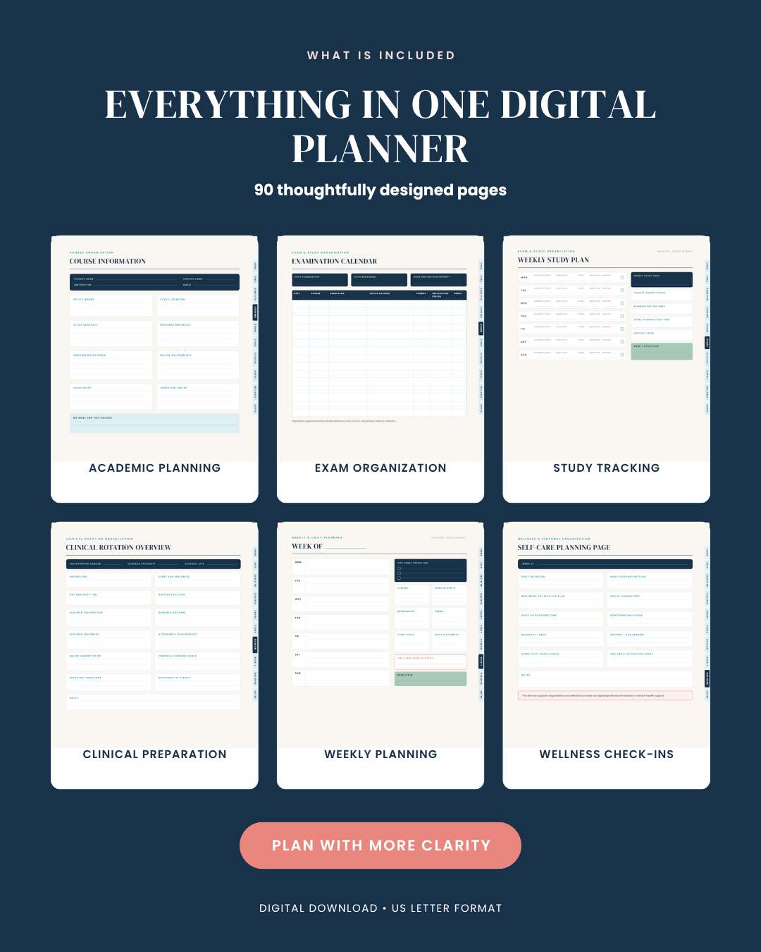 Six real planner pages: course information, examination calendar, weekly study plan, clinical rotation overview, weekly planning and self-care page