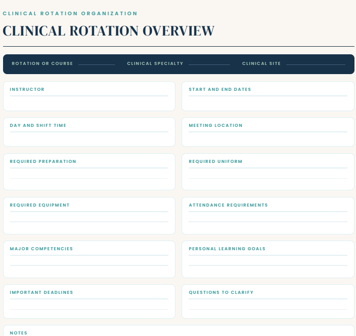 Clinical rotation overview page with instructor, shift times, required preparation, uniform, equipment and learning goals