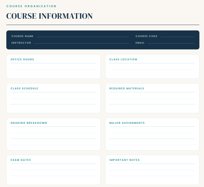 Course information page with class schedule, required materials, grading breakdown, exam dates and notes