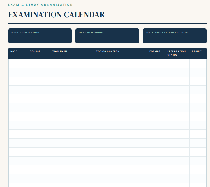 Examination calendar page listing exam dates, courses, topics covered, format, preparation status and result