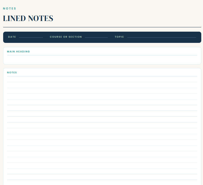 Lined notes page with date, course or section and topic fields