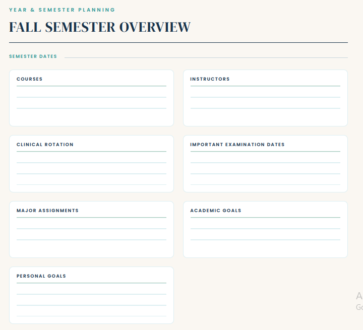 Fall semester overview page with courses, instructors, clinical rotation, important examination dates and goals
