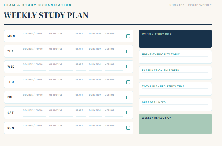 Weekly study plan page with daily study sessions, weekly study goal, priority topic and weekly reflection