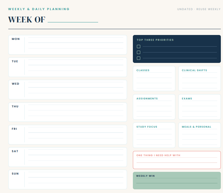 Weekly planning page with each day of the week, top three priorities, classes, clinical shifts, assignments and exams