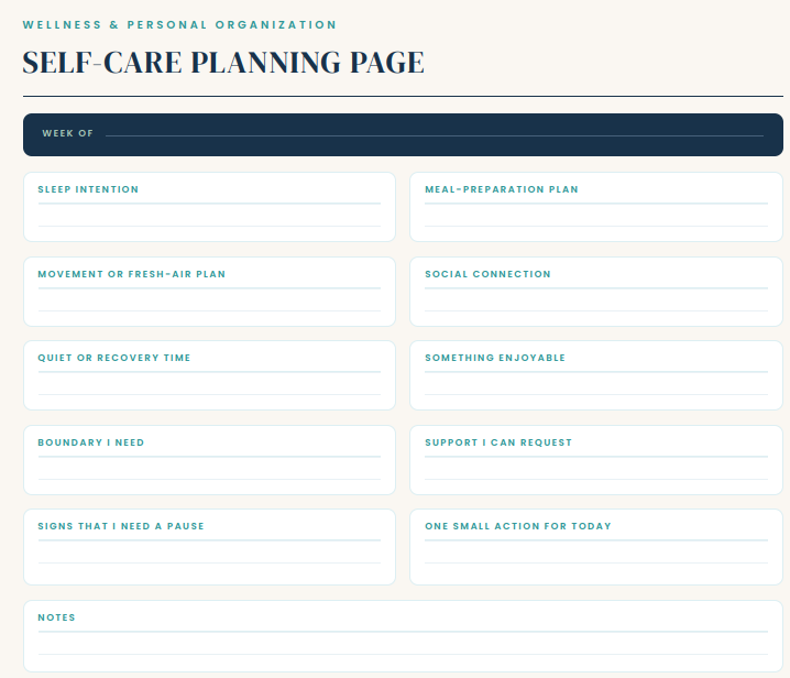 Self-care planning page with sleep intention, meal preparation, movement, quiet time, boundaries and support