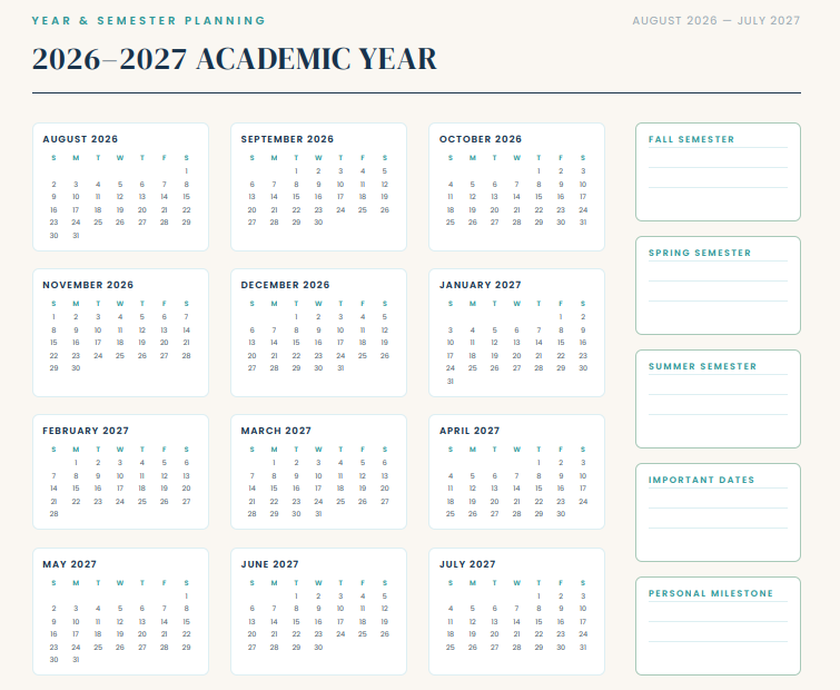 2026–2027 academic year overview page with monthly calendars from August 2026 through July 2027